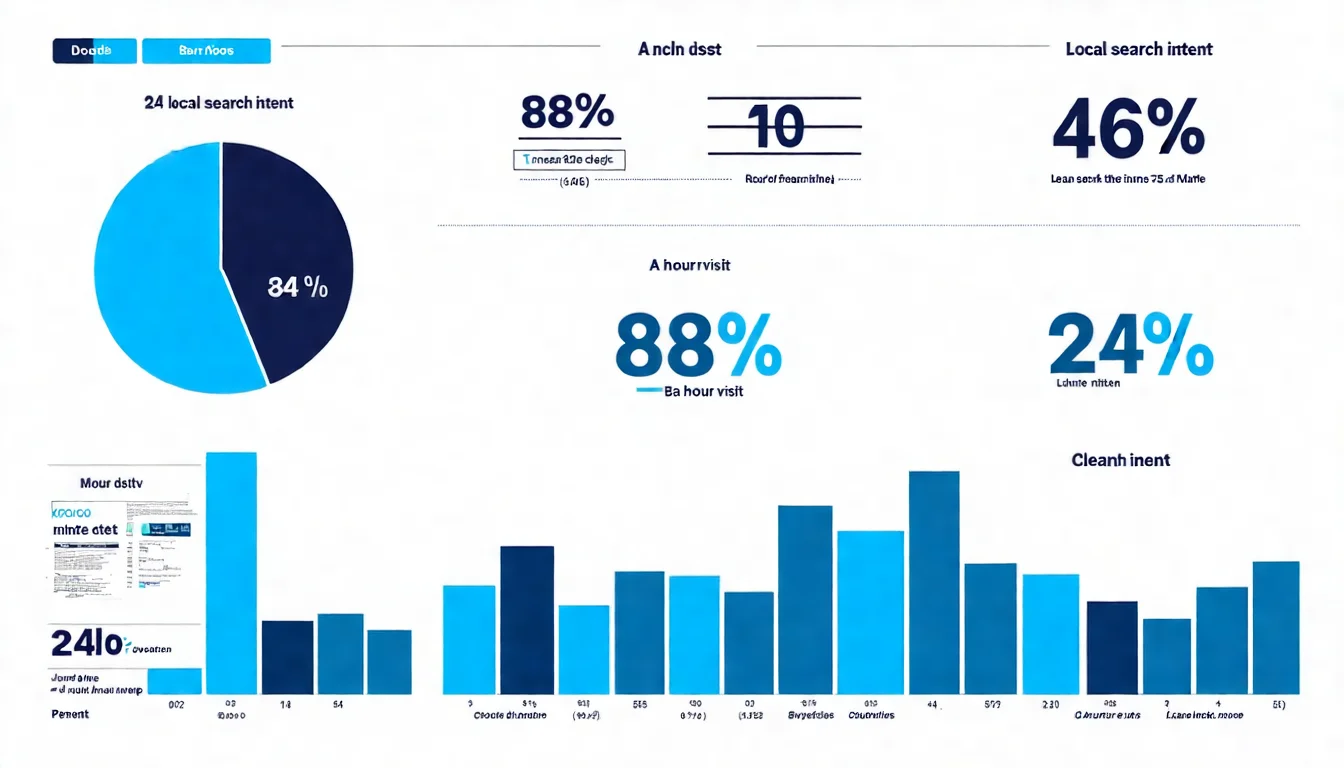 在地搜尋行為數據圖，以統計圖表呈現 46% 本地意圖搜尋、88% 24小時內造訪等關鍵數據
