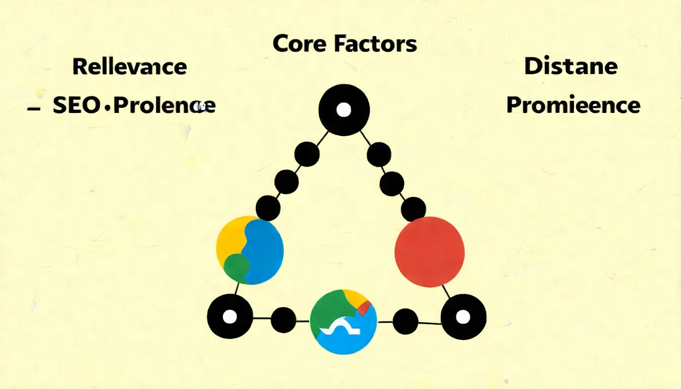 在地 SEO 三大排名因素圖，以三角形或圓形呈現相關性、距離、知名度三大核心因素