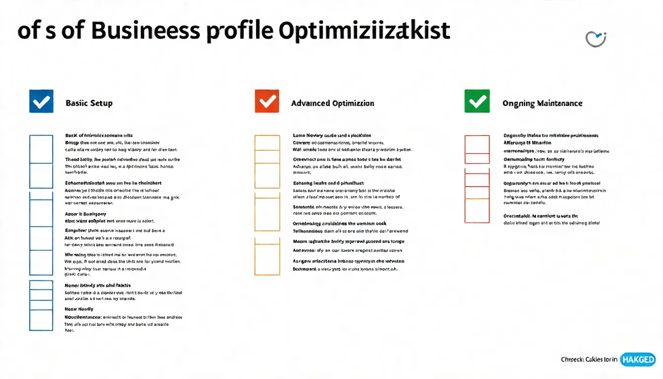 Google 商家檔案優化檢查清單，以勾選框形式呈現基礎設定、進階優化、持續維護三大類別的項目