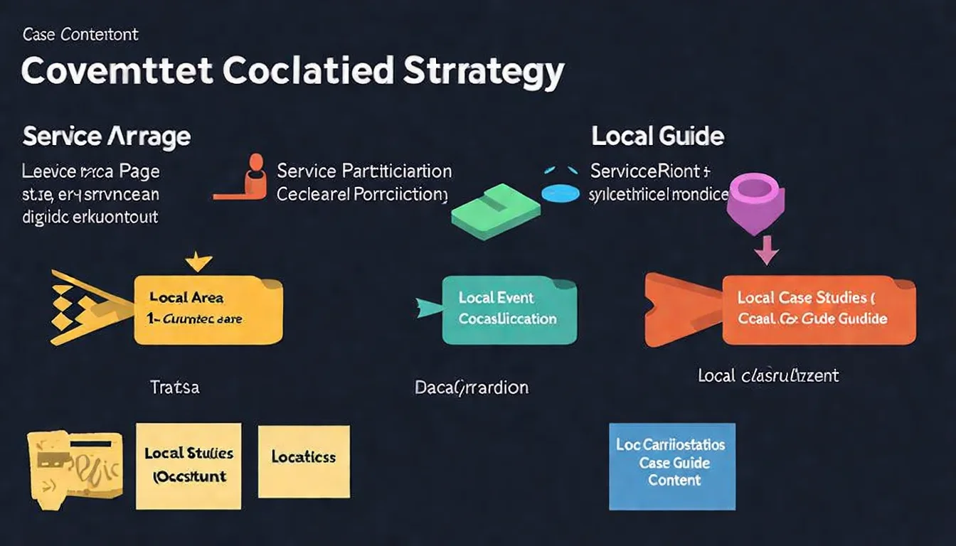 在地化內容策略圖，展示服務區域頁面、在地活動參與、在地案例分享、在地指南內容四種內容類型