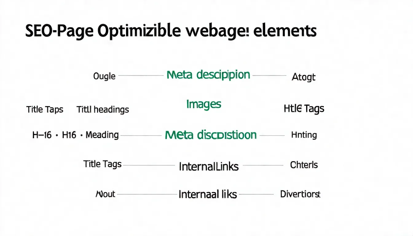 站內 SEO 元素示意圖，展示網頁中各個可優化的元素，包含標題標籤、Meta、H1-H6、圖片、內部連結等，以網頁結構圖呈現