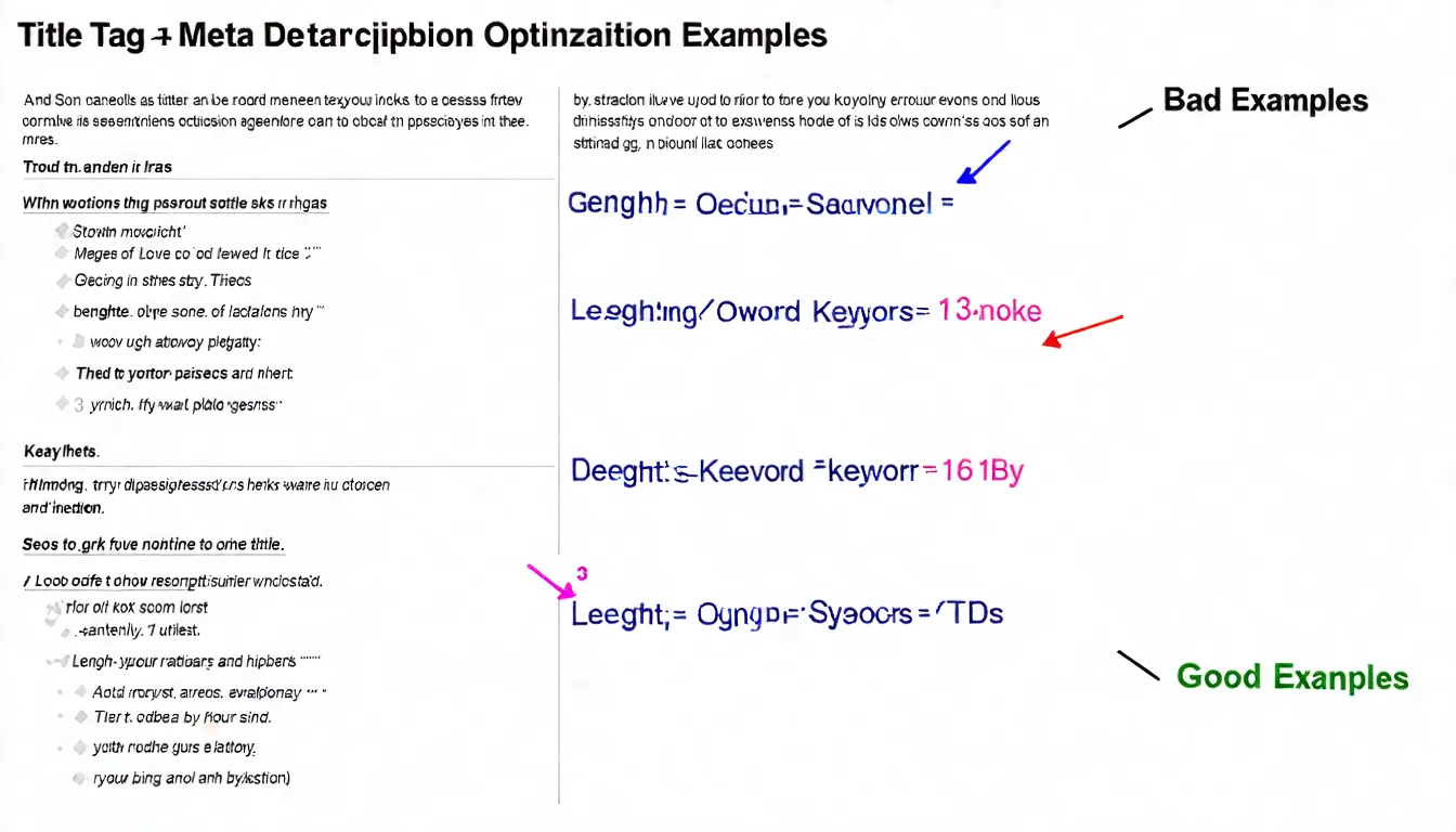 Title Tag 和 Meta Description 優化範例對比圖，展示好的範例和不好的範例，標註長度、關鍵字位置等要點