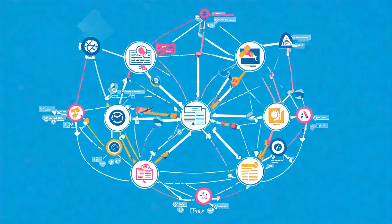 內部連結結構示意圖，以節點和連線展示網站頁面之間的連結關係，呈現核心頁面與衛星文章的連結架構