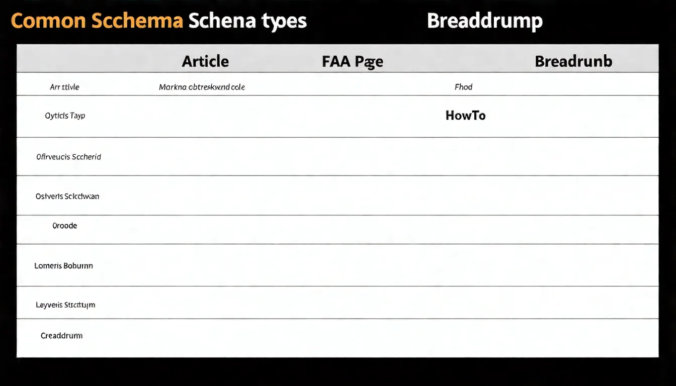 Schema Markup 類型說明表格，以表格形式列出 Article、FAQPage、HowTo、Breadcrumb 等常用 Schema 類型及其用途