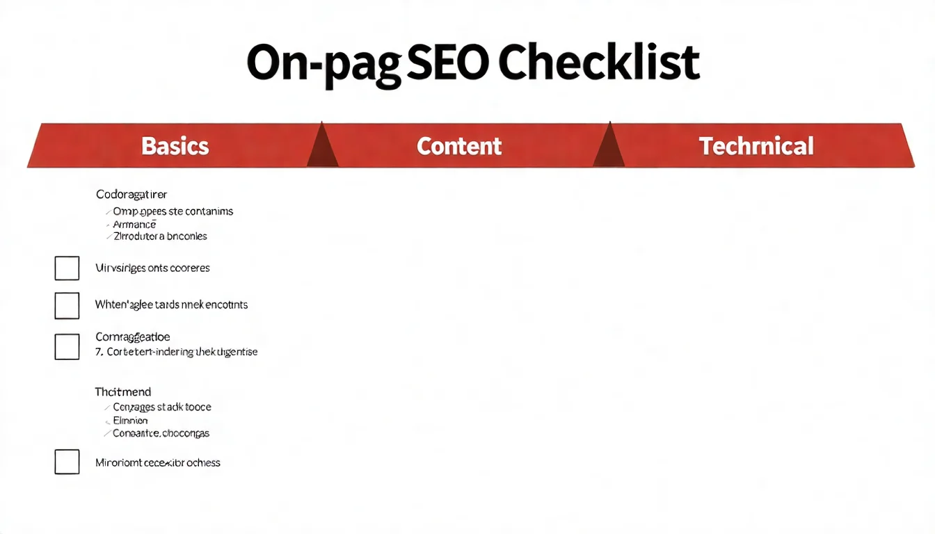 On-Page SEO 檢查清單視覺圖，以勾選框形式呈現基礎、內容、技術三大類別的檢查項目