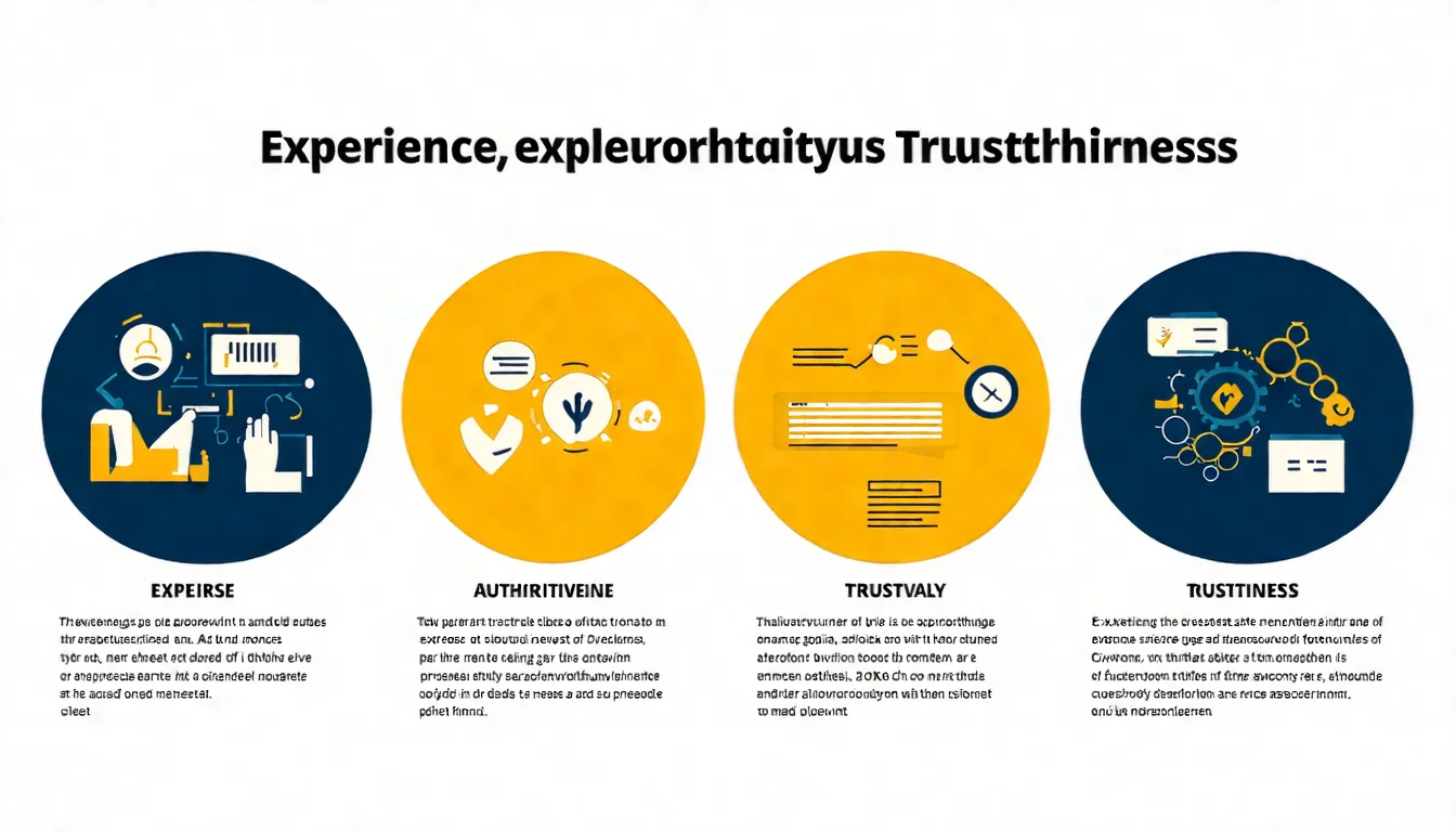 E-E-A-T 四要素說明圖，以四個圓形或方塊分別呈現經驗、專業、權威、信任，並標註各要素的具體表現方式