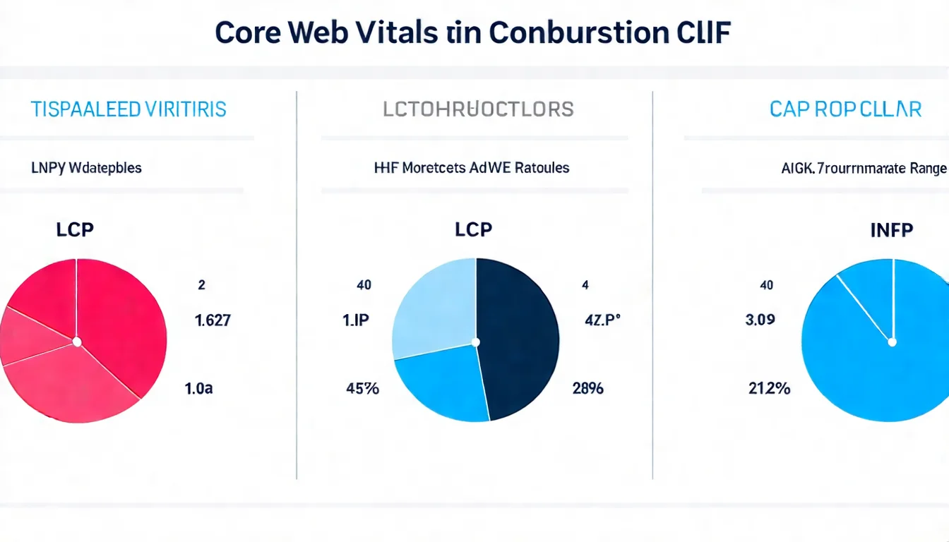 Core Web Vitals 三大指標說明圖，分別呈現 LCP、INP、CLS 三個指標的含義和達標標準，搭配儀表板視覺效果