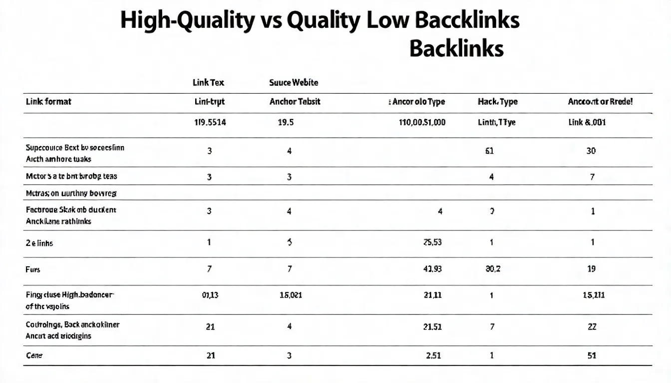 反向連結品質評估圖表，以表格或對比圖呈現優質連結與低質連結的差異，標註來源網站、連結類型、錨文字等因素