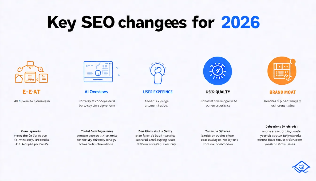 2026 年 SEO 五大重要變化圖表，以圖示和簡短文字呈現 AI Overviews、E-E-A-T、內容品質、使用者體驗、品牌護城河五個核心變化