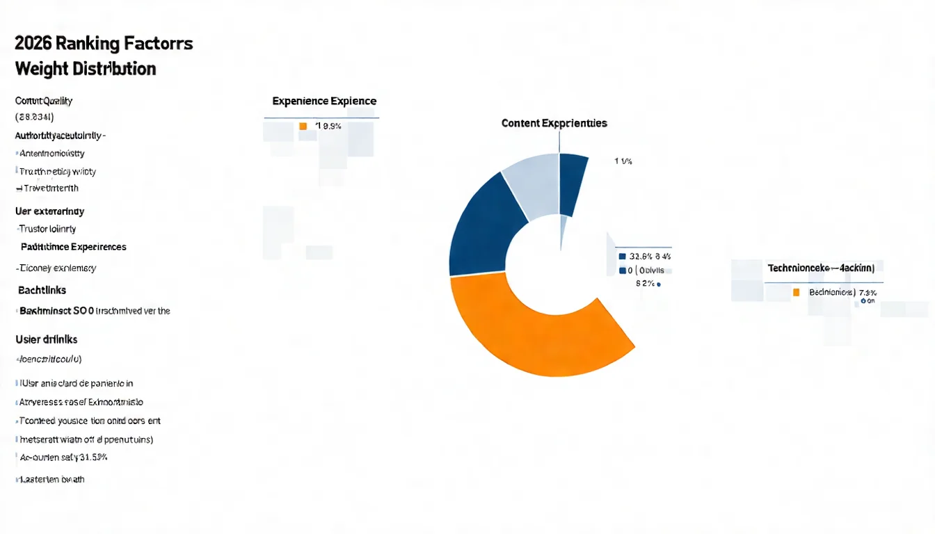 2026 年排名因素權重分布圖，以圓餅圖或長條圖呈現內容品質、E-E-A-T、使用者體驗、反向連結、技術 SEO 各因素的相對重要性