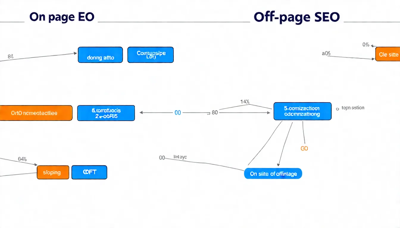 On-Page SEO 與 Off-Page SEO 策略對比圖，左側呈現站內優化要素，右側呈現站外優化要素，中間以連結線展示兩者的互動關係