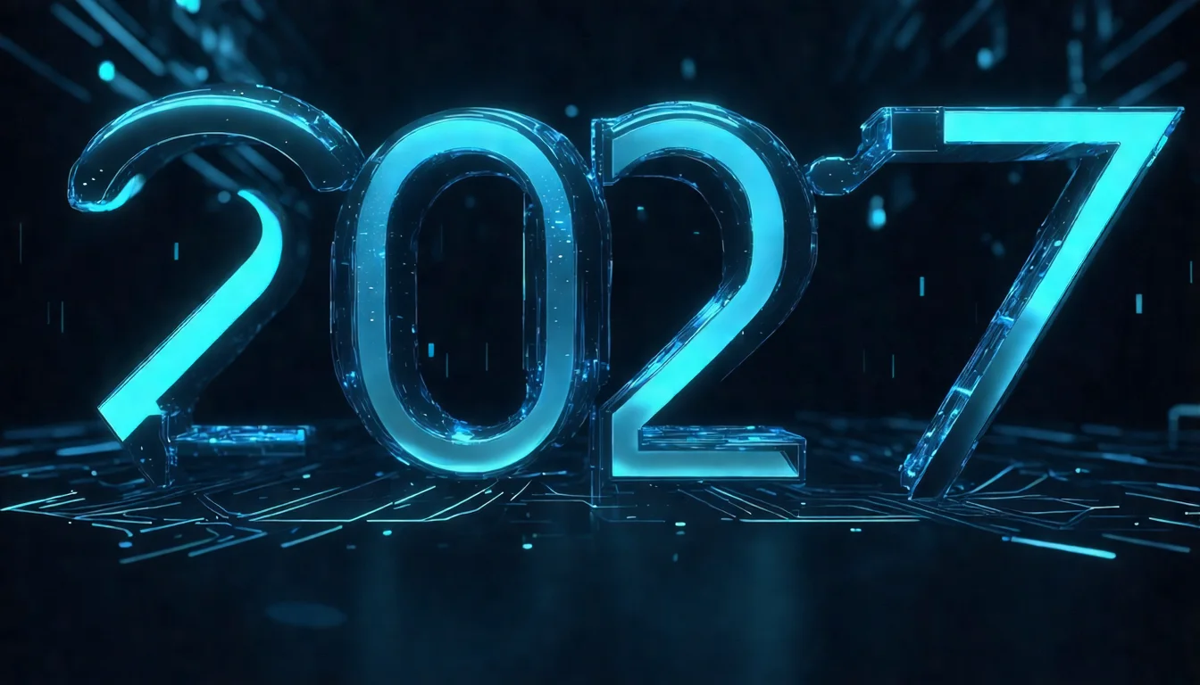 2027 年 SEO 展望預測圖，以未來風格呈現 AI 搜尋進化、語音搜尋、個人化搜尋等預測趨勢，搭配箭頭指向未來方向