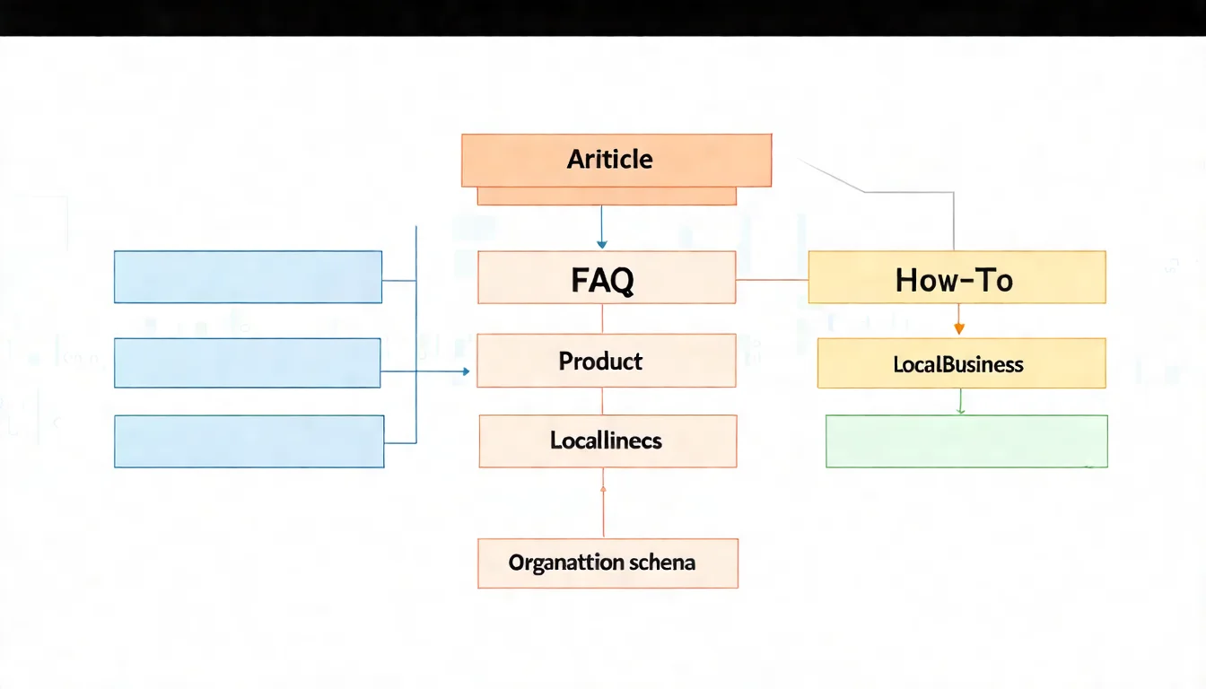 Schema 類型一覽圖，以圖示呈現 Article、FAQ、HowTo、Product、LocalBusiness、Organization 等常見 Schema 類型