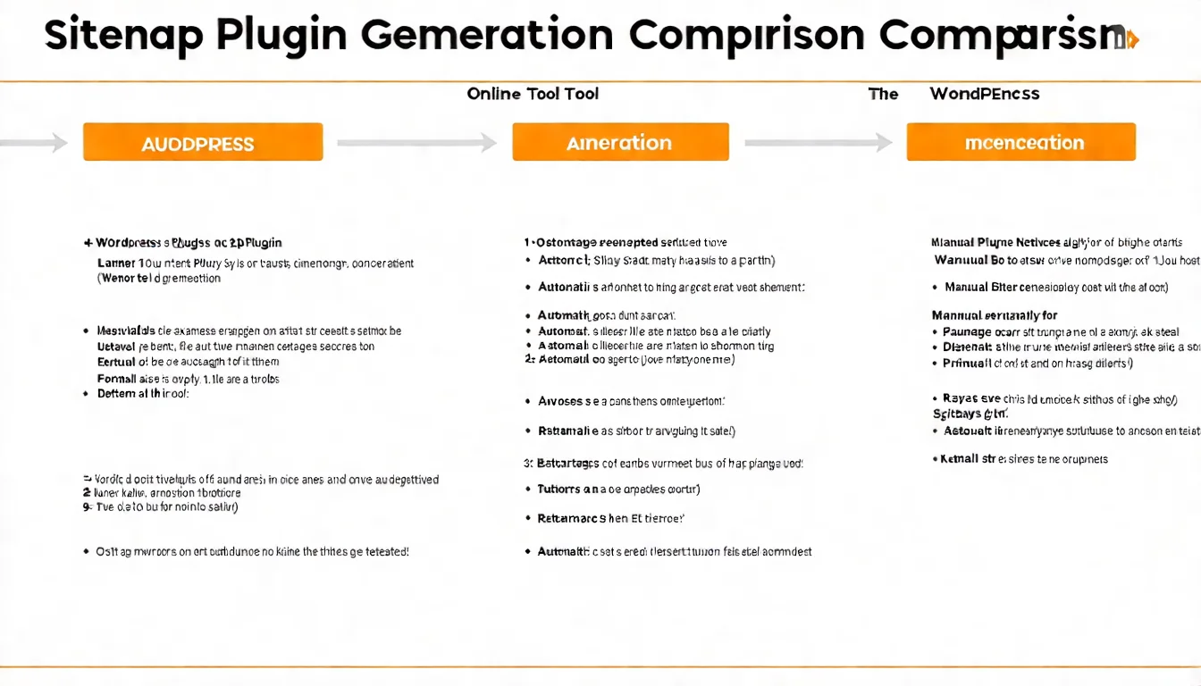 Sitemap 建立方式比較圖，展示 WordPress 外掛自動生成、線上工具產生、手動建立三種方式的優缺點比較