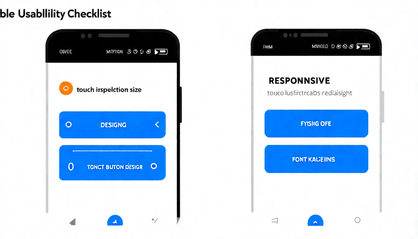 行動裝置友善檢查圖，展示手機介面的關鍵檢查要點，包含響應式設計、觸控按鈕大小、字體可讀性等