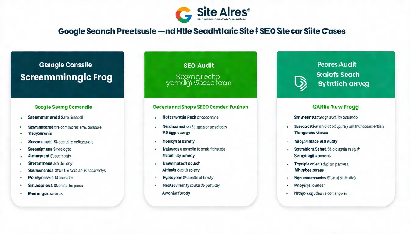 Technical SEO 三大工具比較圖，展示 Google Search Console、Screaming Frog、Ahrefs Site Audit 的功能特色與使用場景