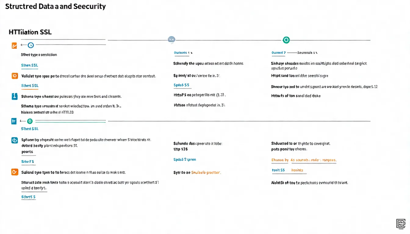 結構化資料與安全性檢查圖，展示 Schema 類型選擇、驗證工具使用、HTTPS 與 SSL 檢查要點