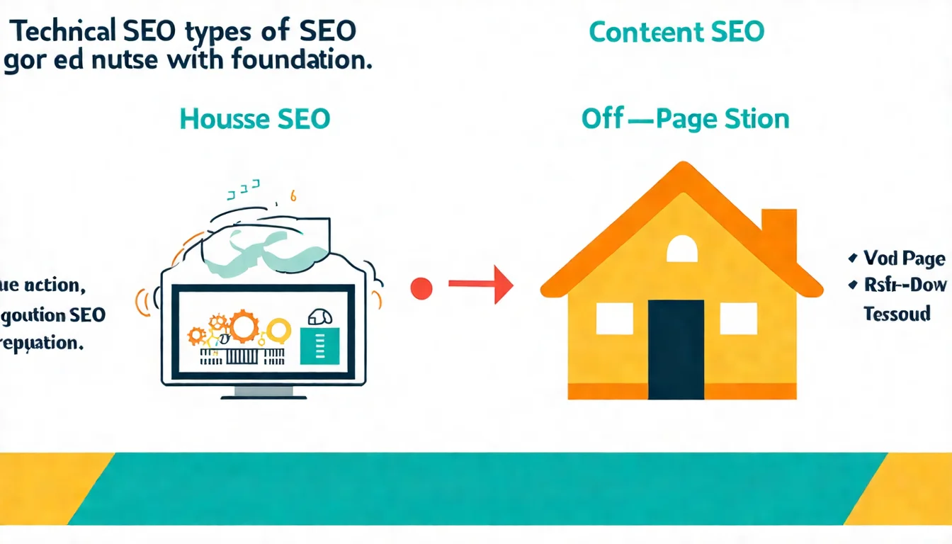 SEO 三大類型關係圖，呈現技術 SEO、內容 SEO、站外 SEO 三者之間的協作關係，以地基、房子、口碑的比喻呈現