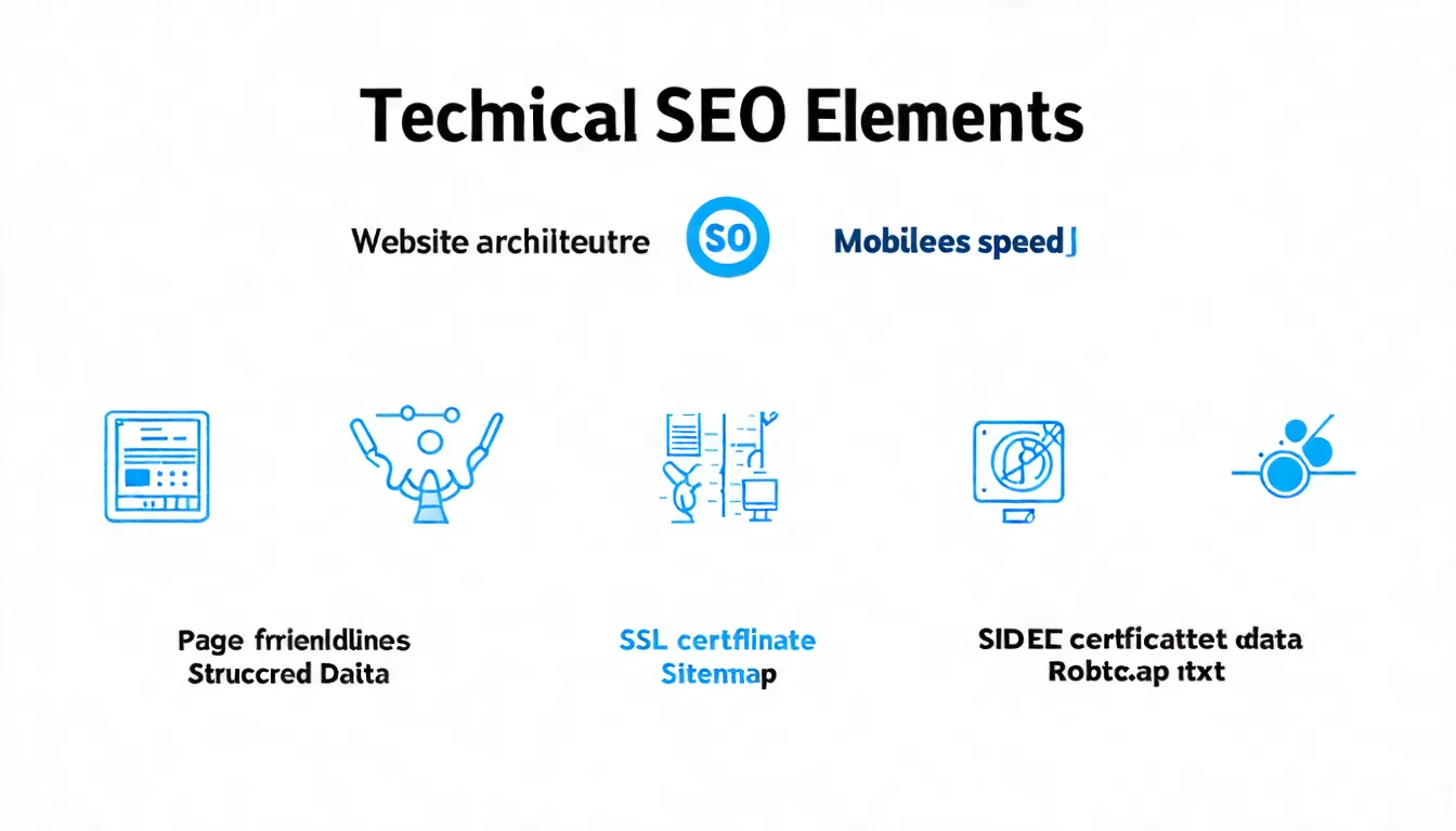 技術 SEO 7 大核心元素圖解，用圖示呈現網站架構、速度、行動裝置、SSL、結構化資料、Sitemap、Robots.txt 七個元素