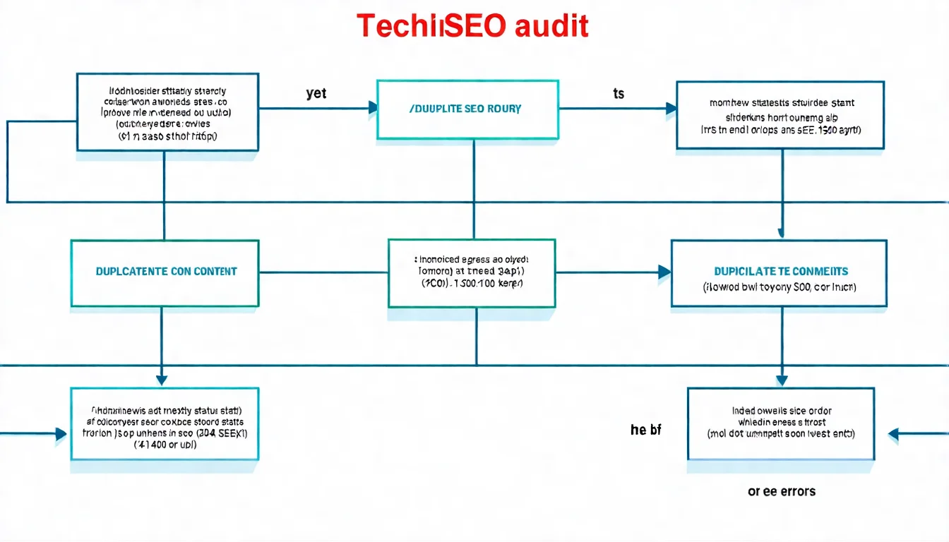 技術 SEO 檢查流程圖，展示從索引狀態到重複內容、404 錯誤的完整檢查步驟與優先順序