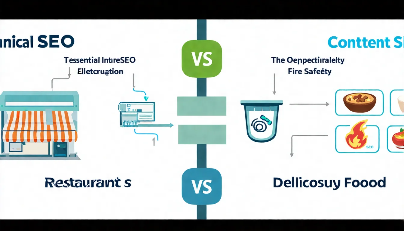 技術 SEO 與內容 SEO 協同關係圖，用餐廳比喻呈現技術面（水電消防）與內容面（餐點美味）的互補關係與優先順序建議