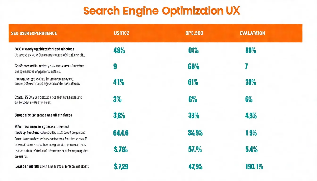 SEO 網站優化與使用者體驗優化（UX）比較圖，用表格或對比方式呈現兩者的目標、重點、評估指標的差異與交集