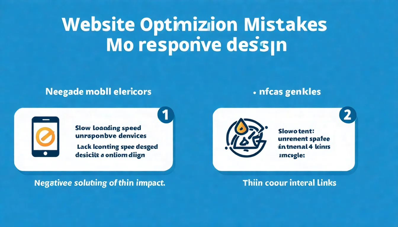 網站優化常見錯誤示意圖，展示忽略行動裝置、速度過慢、內容薄弱、缺乏內部連結四大常見錯誤的影響與解決方向