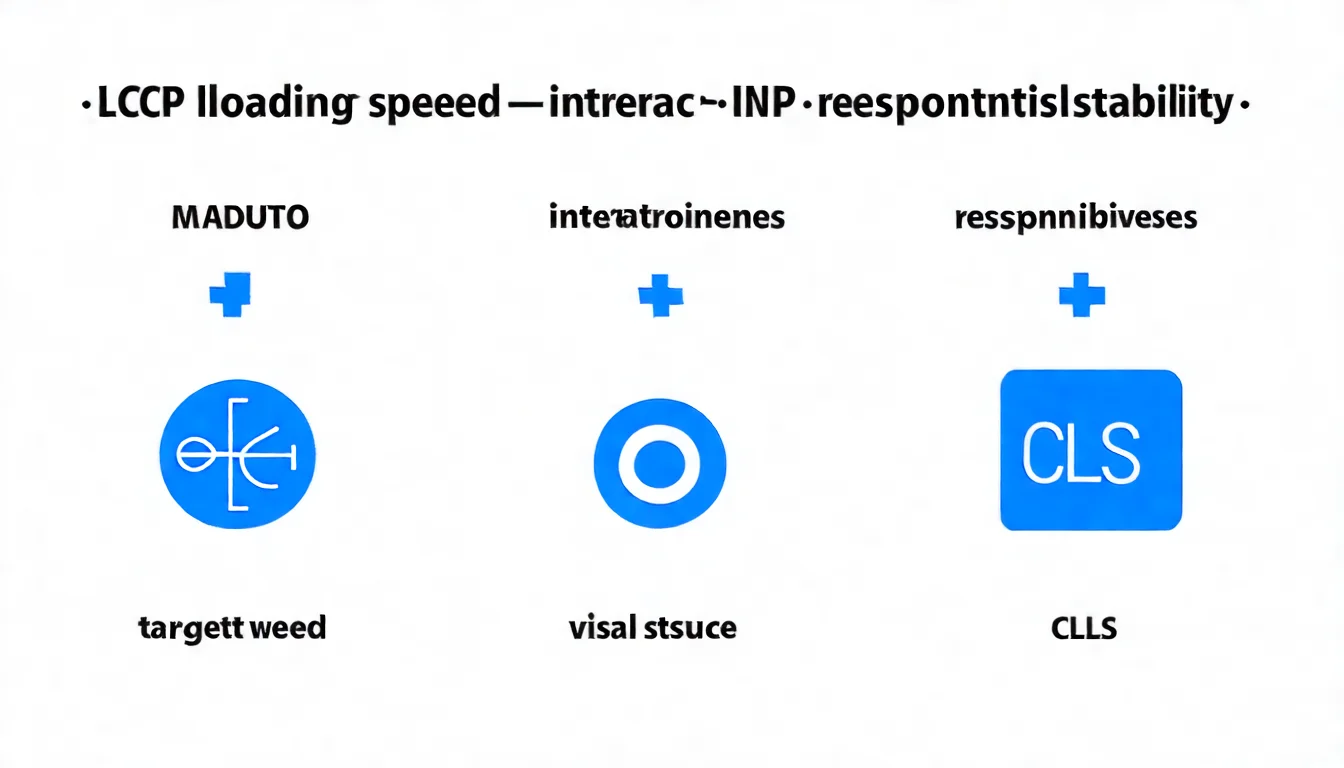 Core Web Vitals 三項指標圖，用圖示呈現 LCP（載入速度）、INP（互動反應）、CLS（視覺穩定性）三個指標的意義與達標標準