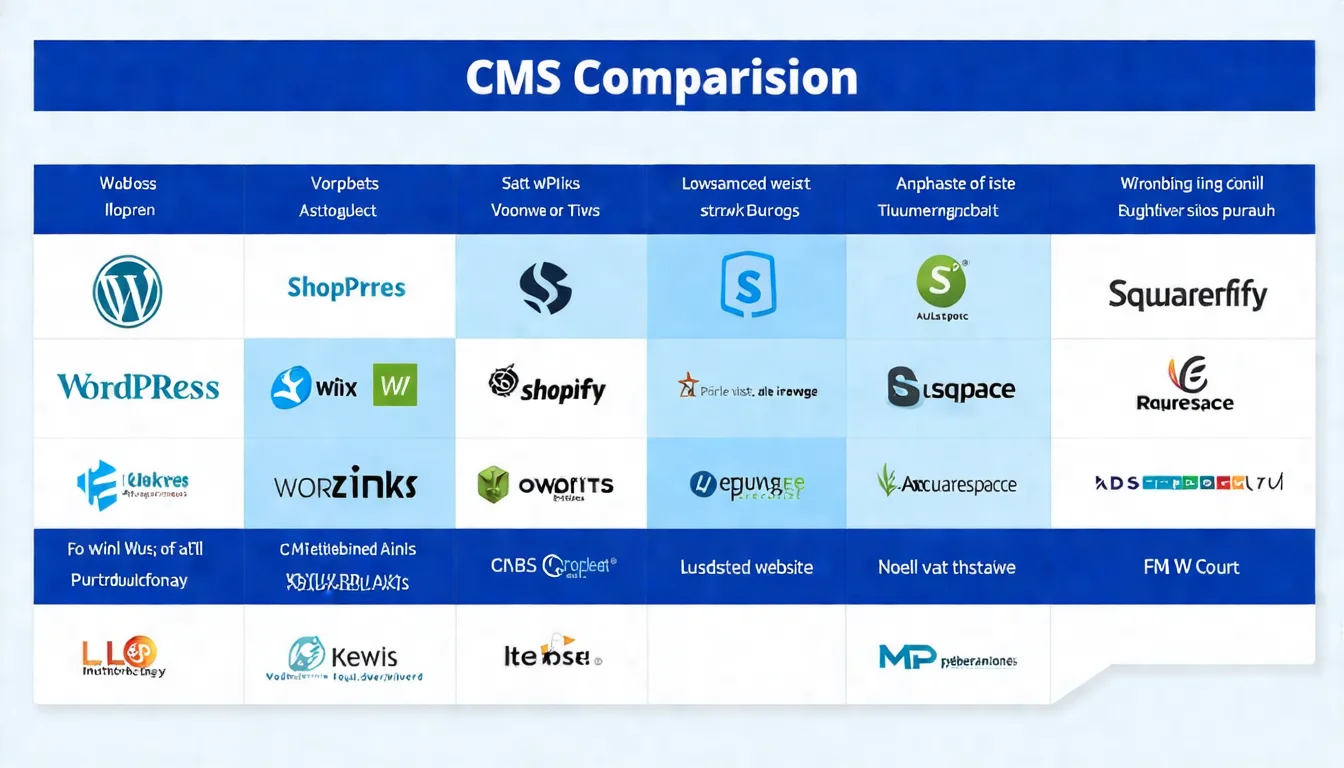 CMS 內容管理系統概念圖，展示 WordPress、Wix、Shopify、Squarespace 等主流平台的 logo 和特色功能圖示