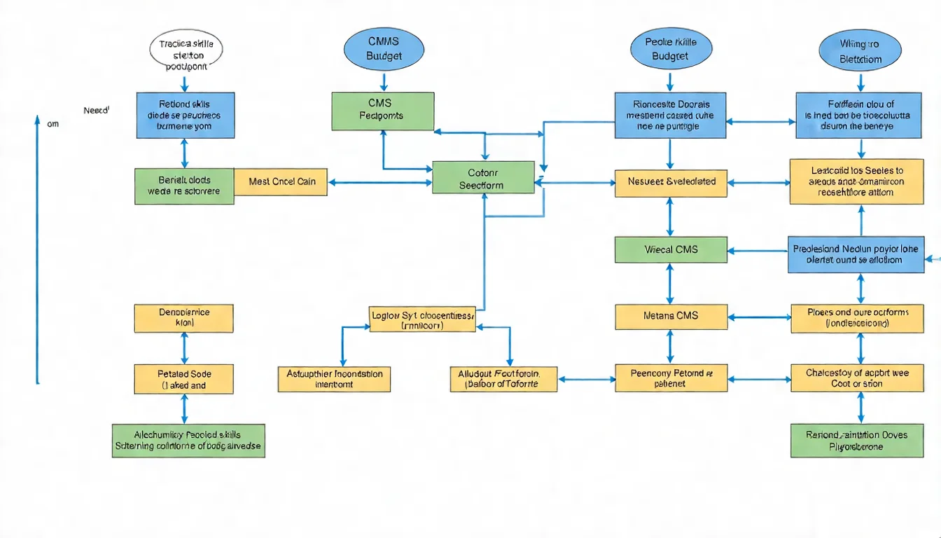 CMS 選擇決策樹圖，根據技術能力、預算、需求類型等條件引導到適合的 CMS 平台選擇
