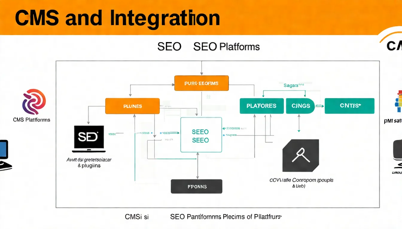 CMS 與 SEO 整合示意圖，展示各 CMS 平台的 SEO 功能和常用 SEO 外掛的搭配方式