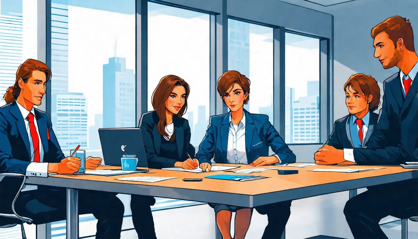 行銷公司選擇概念圖，展示企業與多家行銷代理商之間的評估過程，包含作品審核、會議討論、簽約合作等場景