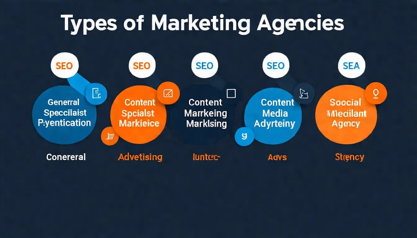 行銷公司五大類型分類圖，展示綜合型、SEO 專門、社群行銷、內容行銷、廣告代理商的定位和服務範圍差異