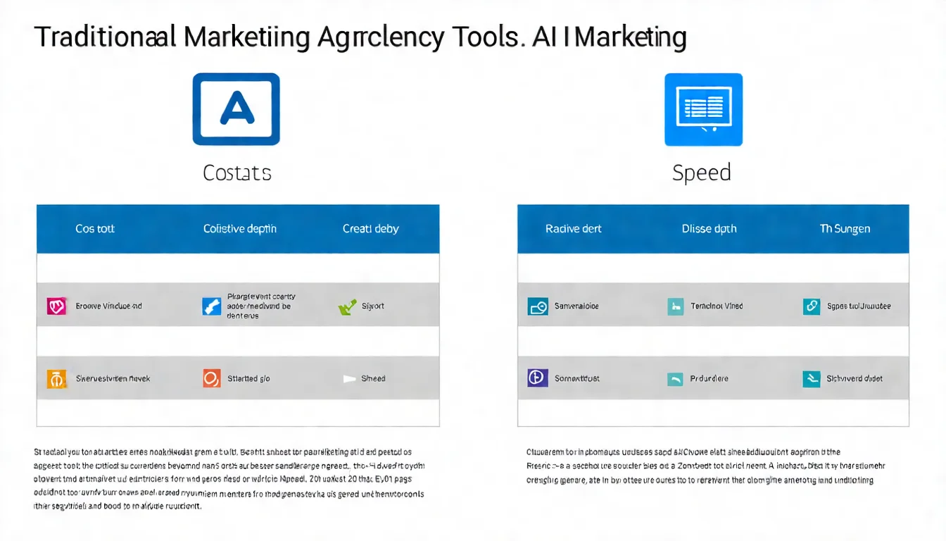行銷公司與 AI 行銷工具比較圖，對照傳統行銷公司和 AI 工具在成本、速度、創意深度等面向的優缺點