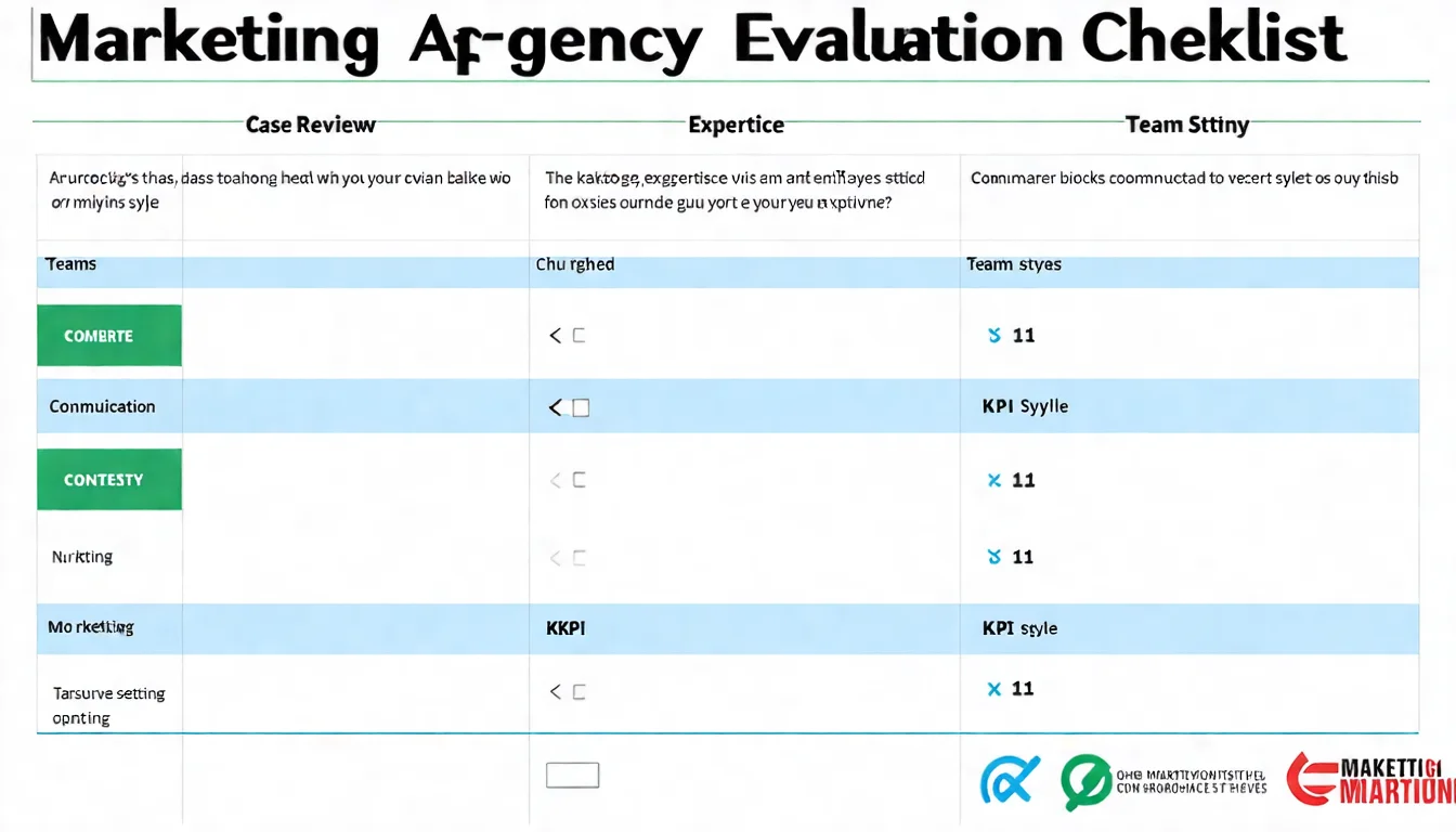 行銷公司評估清單圖，列出案例審核、團隊專業度、溝通模式、KPI 設定等評估重點
