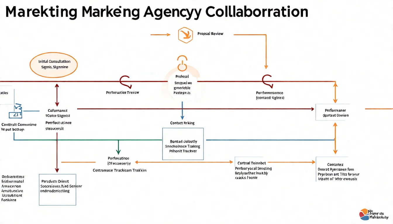 行銷公司合作流程圖，展示從初步洽談、提案審核、合約簽訂到執行追蹤的完整合作歷程