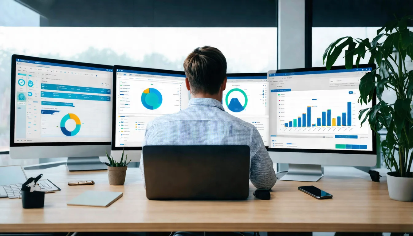 行銷工作概念圖，展示行銷人員在辦公環境中處理數據分析、內容創作、社群經營、廣告投放等多元任務的情境