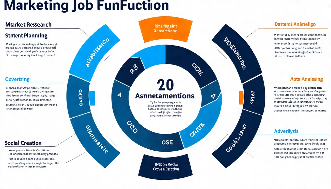 行銷工作六大類型圖解，包含市場研究、策略規劃、內容創作、廣告投放、社群經營、數據分析等六大核心職責