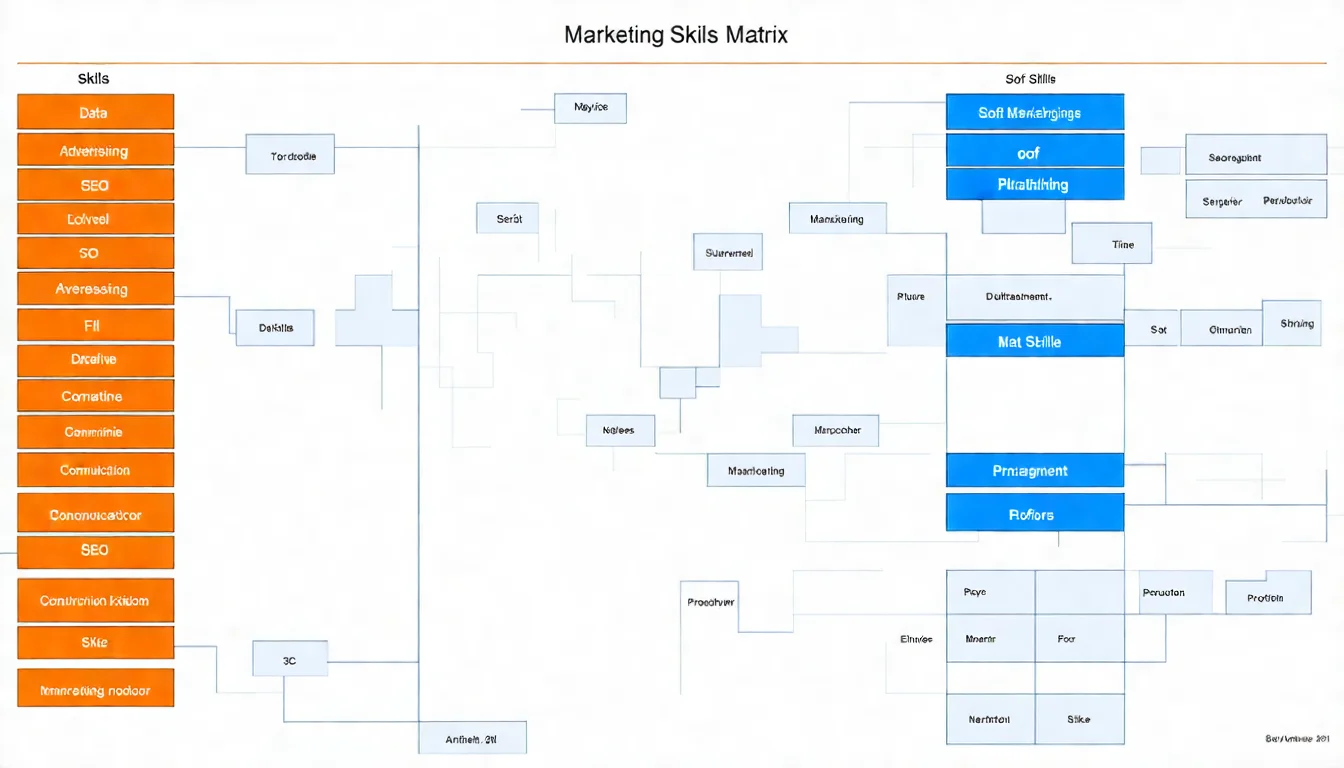 行銷人員技能矩陣圖，分為硬技能（數據分析、SEO、廣告平台）和軟技能（創意思維、溝通、專案管理）
