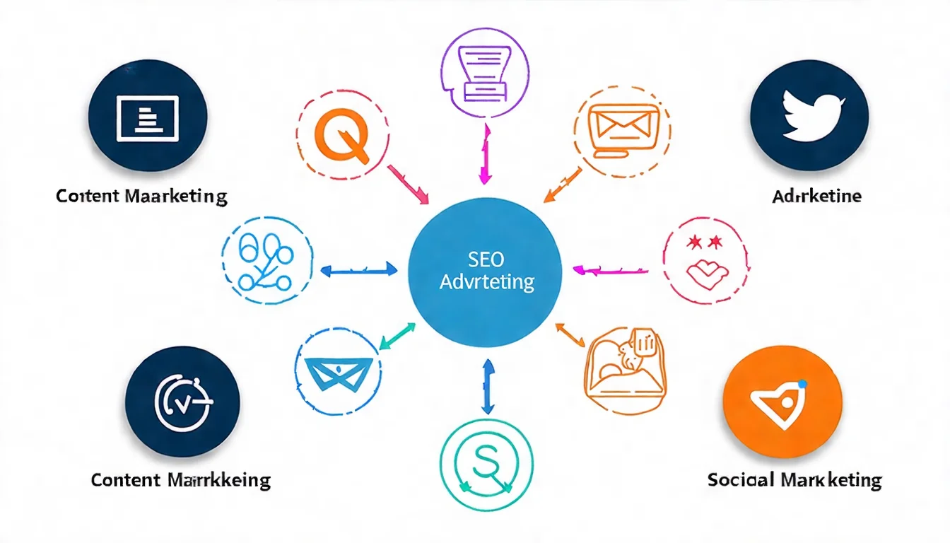 行銷策略概念圖，展示 SEO、內容行銷、社群媒體、廣告投放、Email 行銷等多管道整合的策略架構