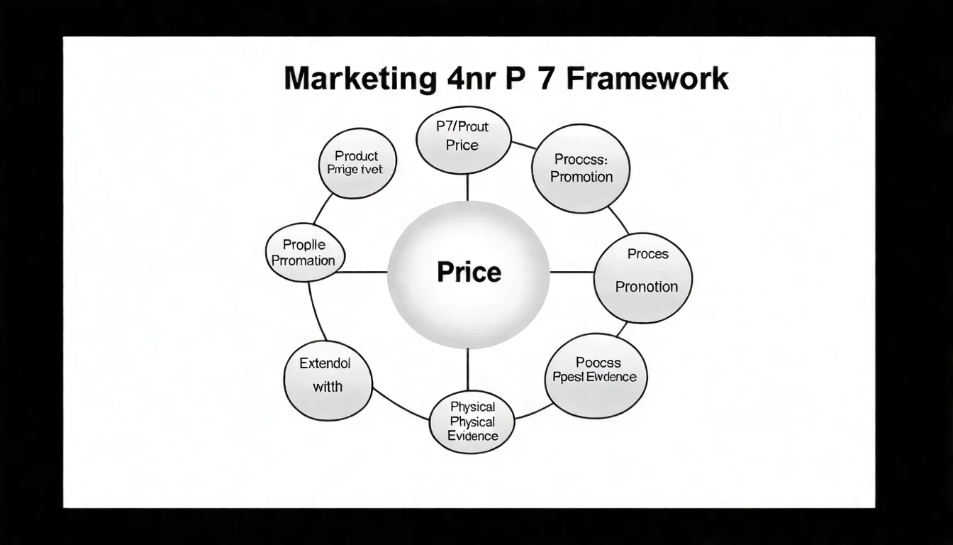 行銷 4P 與 7P 框架圖，展示 Product、Price、Place、Promotion 四大要素，延伸 People、Process、Physical Evidence