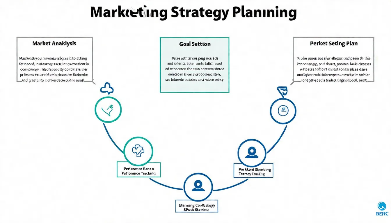 行銷策略規劃五步驟流程圖，包含市場分析、目標設定、策略選擇、執行計畫、效果追蹤的完整循環流程