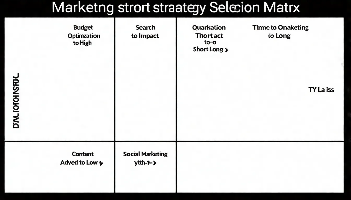 行銷策略選擇矩陣圖，根據預算高低和見效時間長短，對應 SEO、內容行銷、付費廣告、社群等策略