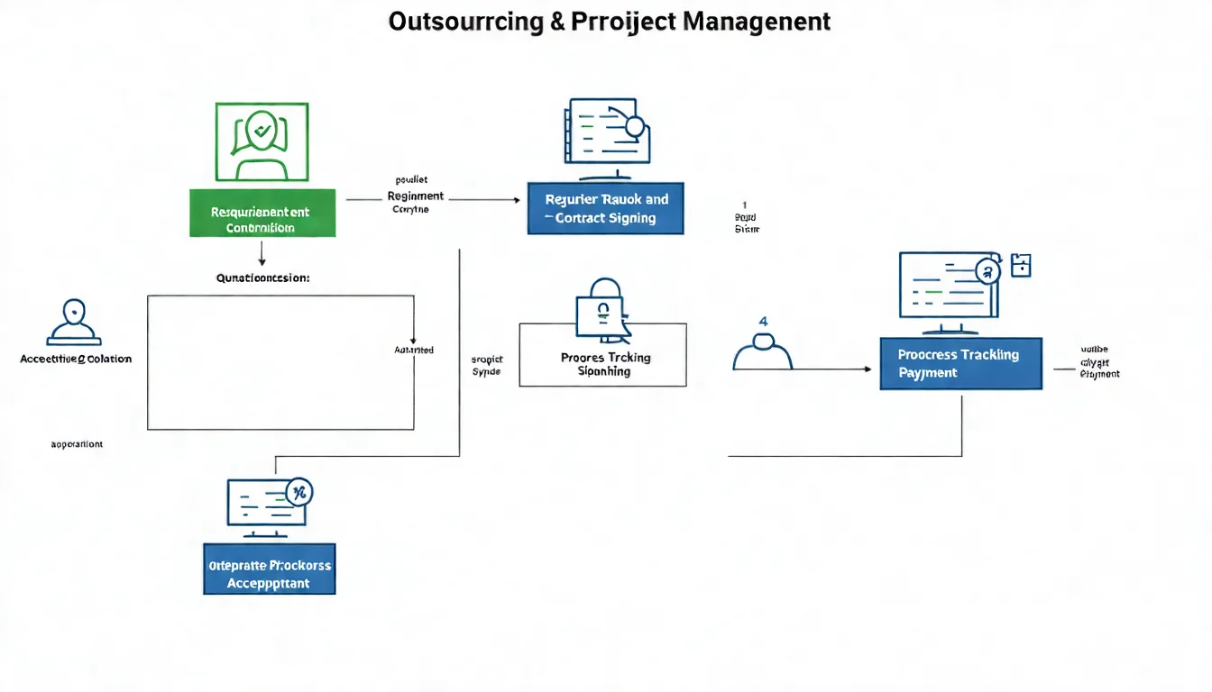 外包專案管理流程圖，展示需求確認、報價簽約、進度追蹤、驗收付款的完整專案管理流程