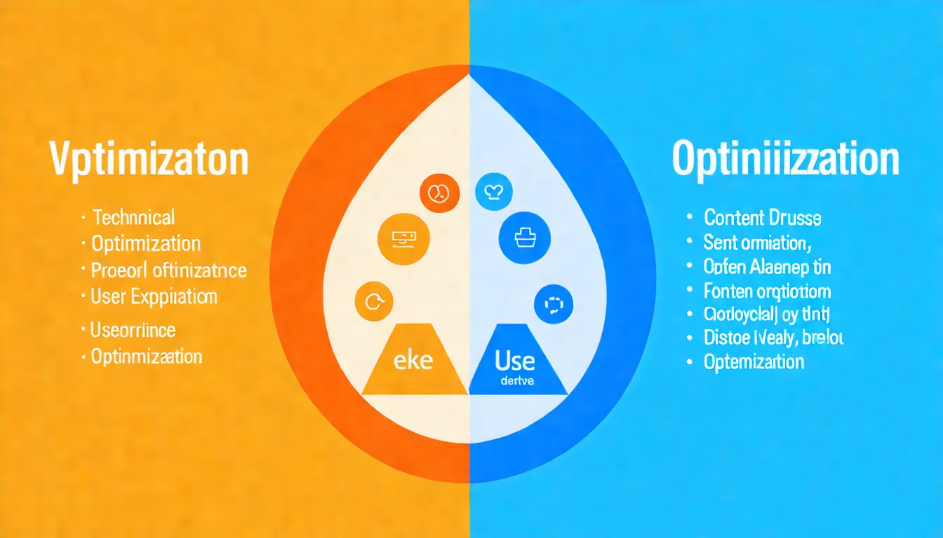 網站優化三大面向示意圖，展示技術優化、內容優化、使用者體驗優化的交集關係和各自包含的項目