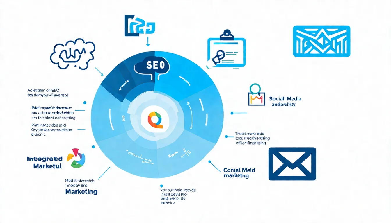 數位行銷管道圖，展示 SEO、社群媒體、付費廣告、Email 行銷、內容行銷等管道如何導流到網站