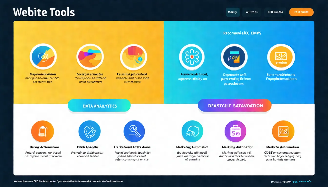 網站經營工具推薦圖，分類展示 CMS、數據分析、SEO 工具、行銷自動化四大類工具的代表產品 icon
