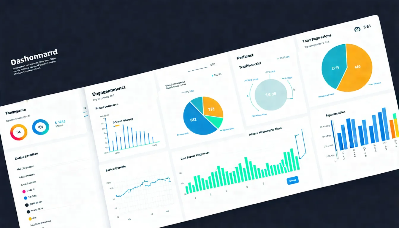 網站經營成功指標儀表板，展示流量、互動、轉換三大類指標的視覺化呈現