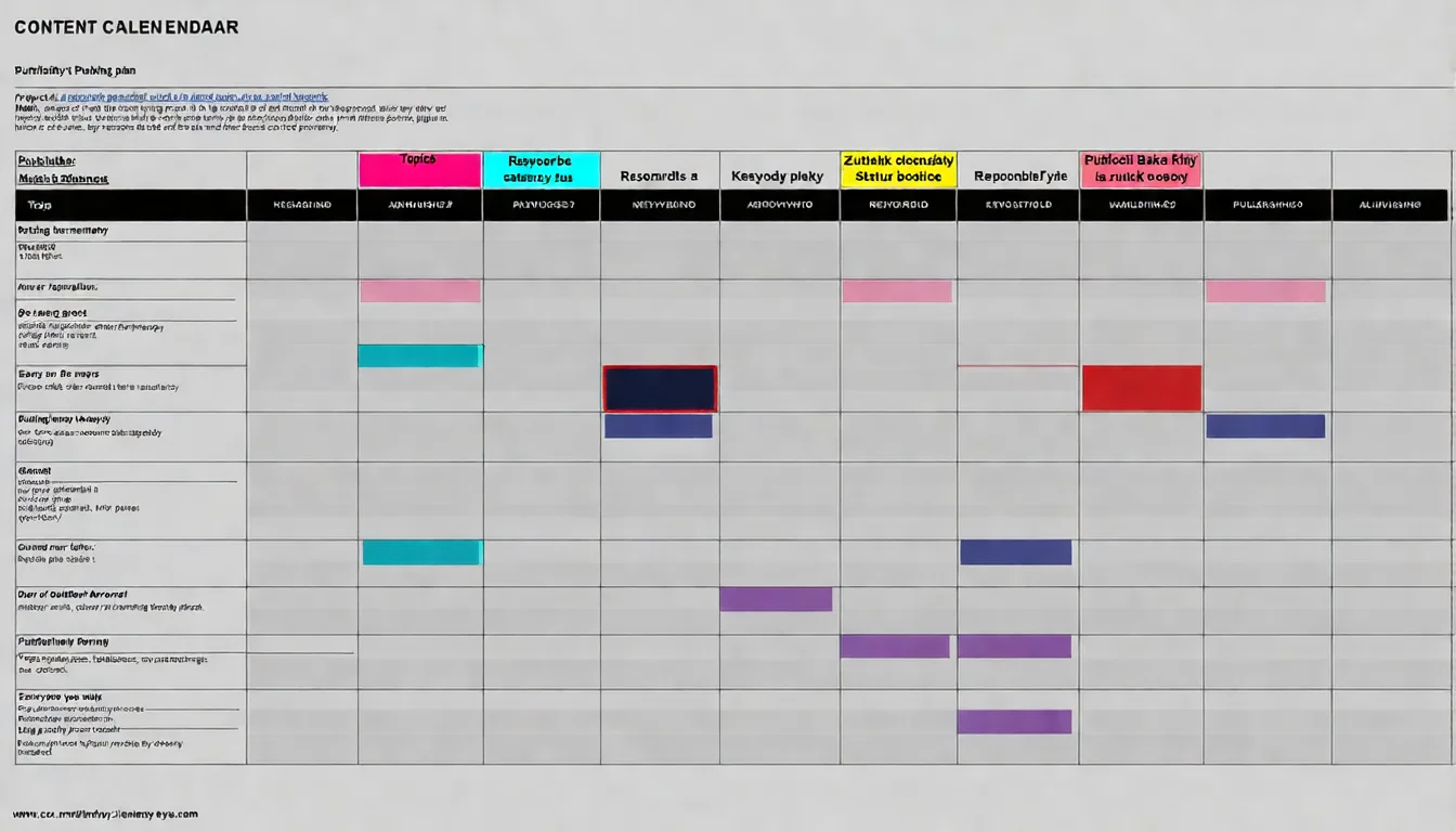 內容行事曆範例圖，展示週/月的內容發布規劃，包含主題、關鍵字、負責人、發布狀態