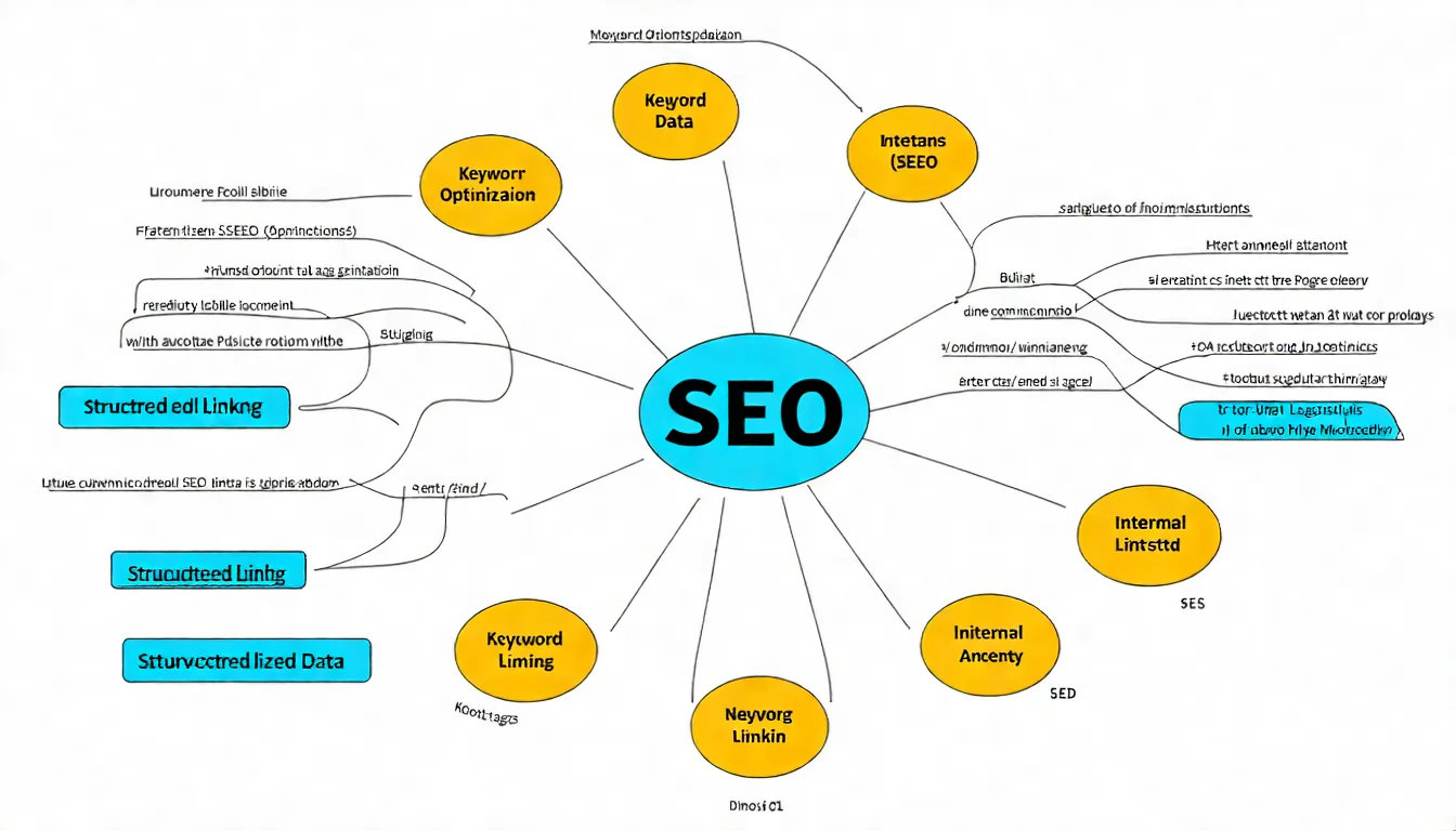 SEO 優化要素圖,展示關鍵字優化、Meta 標籤、內部連結、結構化資料等 SEO 優化項目的關係
